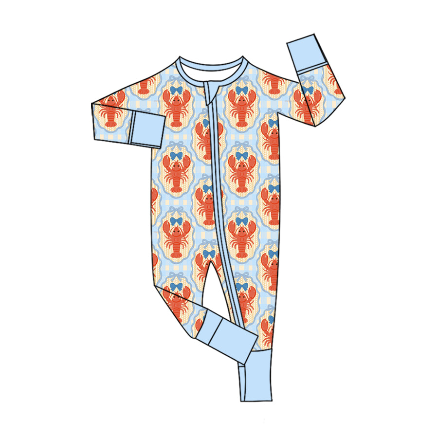 Preorder (moq 5) Baby Boy Crawfish Blue Bow Gingham Print Long Sleeve Zipper Romper Boutique Baby Clothes