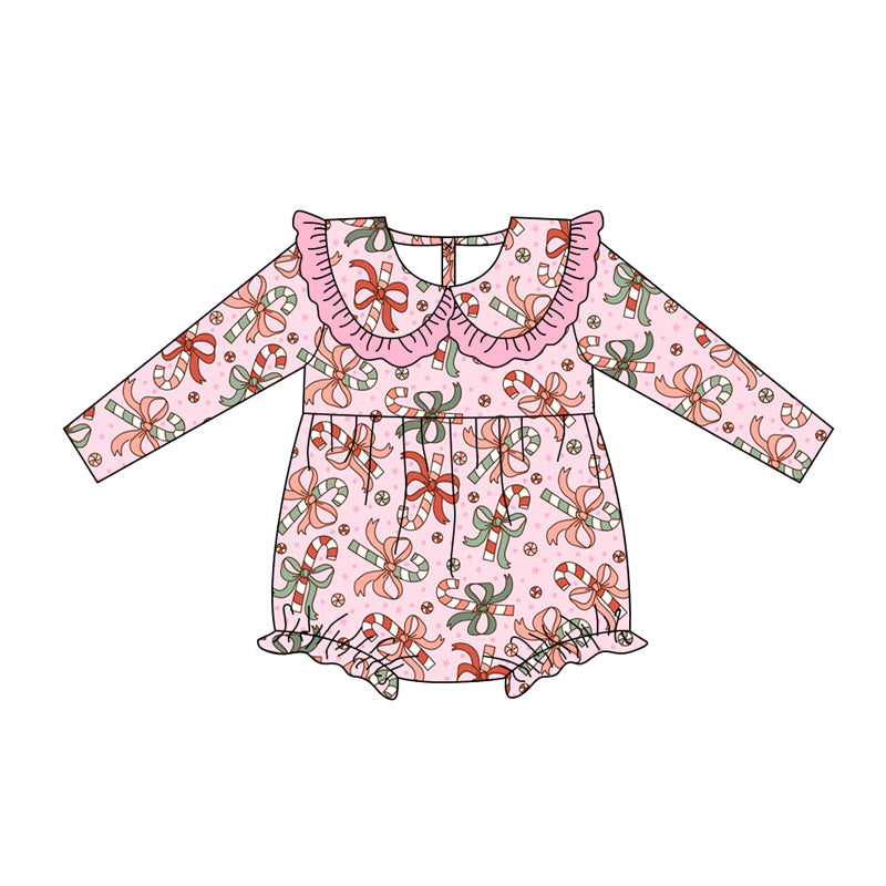 Preorder (moq 5)Baby Girls Long Sleeves Pink Bows Candy Cane Ruffle Romper