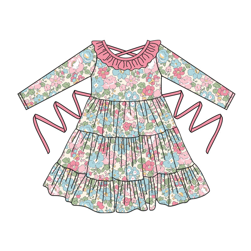 Preorder moq 5 Baby Girls Long Sleeves Pink Floral With Belt Ruffle Knee Length Dresses