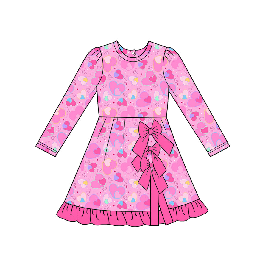 Preorder (moq 5)Baby Girls Colorful Hearts Short Bows Valentines Knee Length Dress