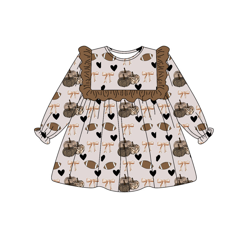 Preorder (moq 5)Baby Girls Lavender Long Ruffle Sleeves Bows Pumpkins Hearts Knee Length Dress