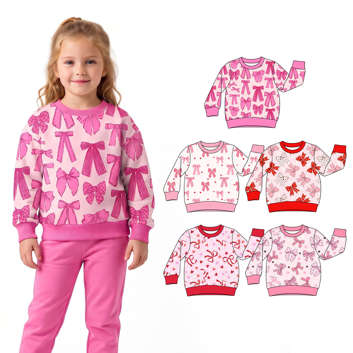 Preorder (moq 5) Baby Girl Clothes Valentine Red Bow And Confetti Heart Print Long Sleeve Top