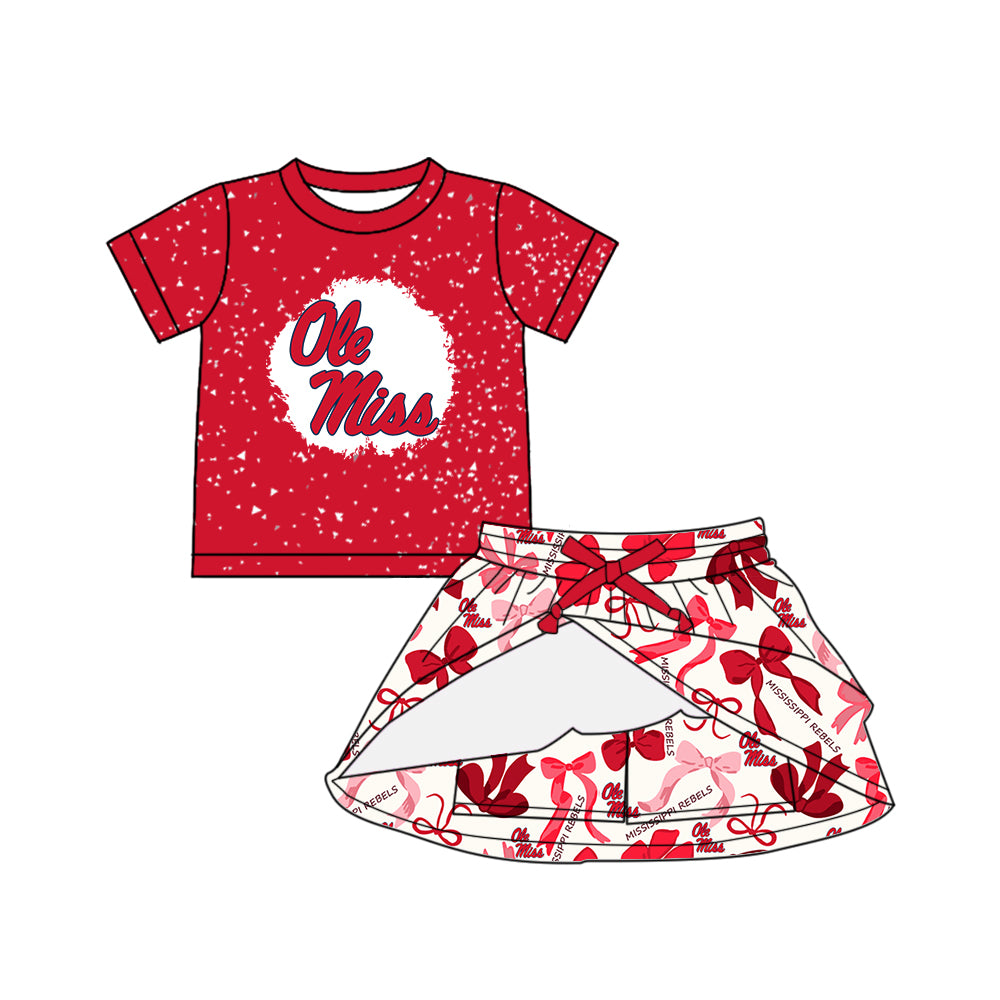 Preorder (moq 5)Baby Girls Red Short Sleeves Ole Miss Bows Top Bows Plaid Skorts Team Set