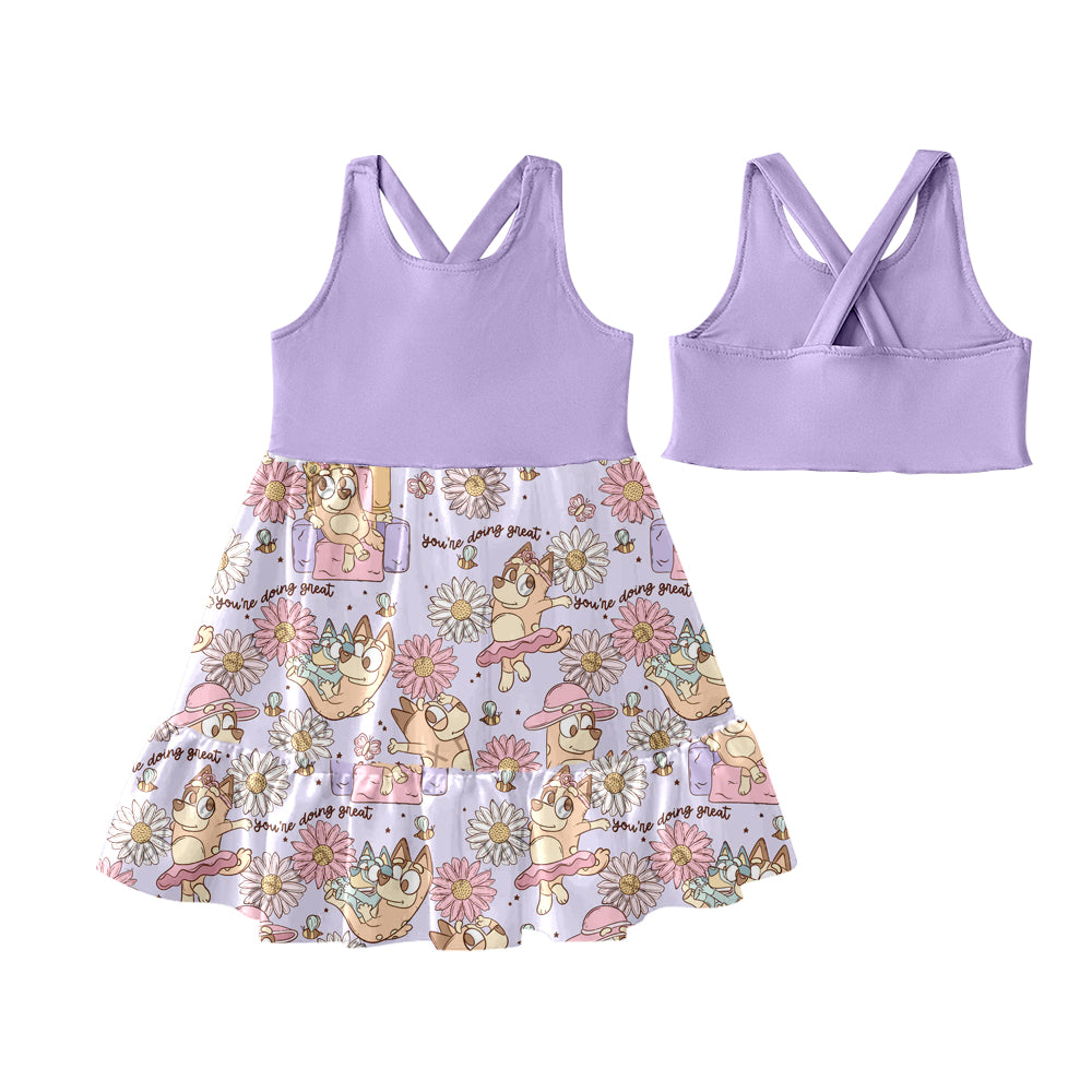 Preorder (moq 5)Baby Girls Lavender Sleeveless Colorful Dogs Floral Patchwork Knee Length Dress