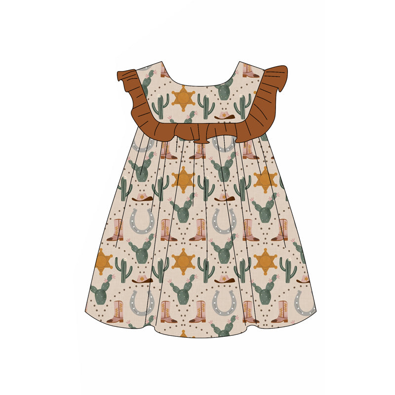 Preorder (moq 5)Baby Girls Sleeveless Cactus Boots Ruffle Round Collar Knee Length Dress