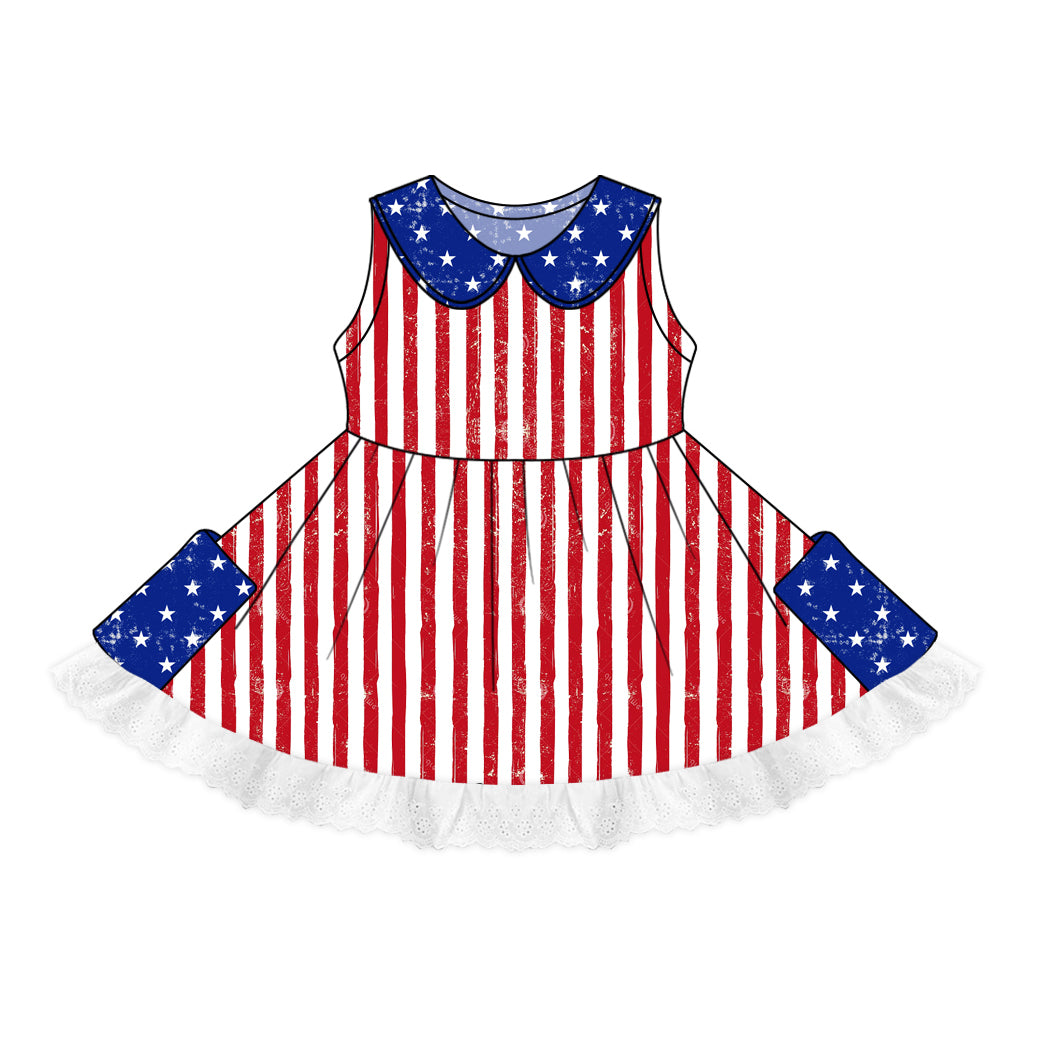 Preorder (moq 5)Baby Girls 4th Of July Stripes Pockets Twirl Dresses
