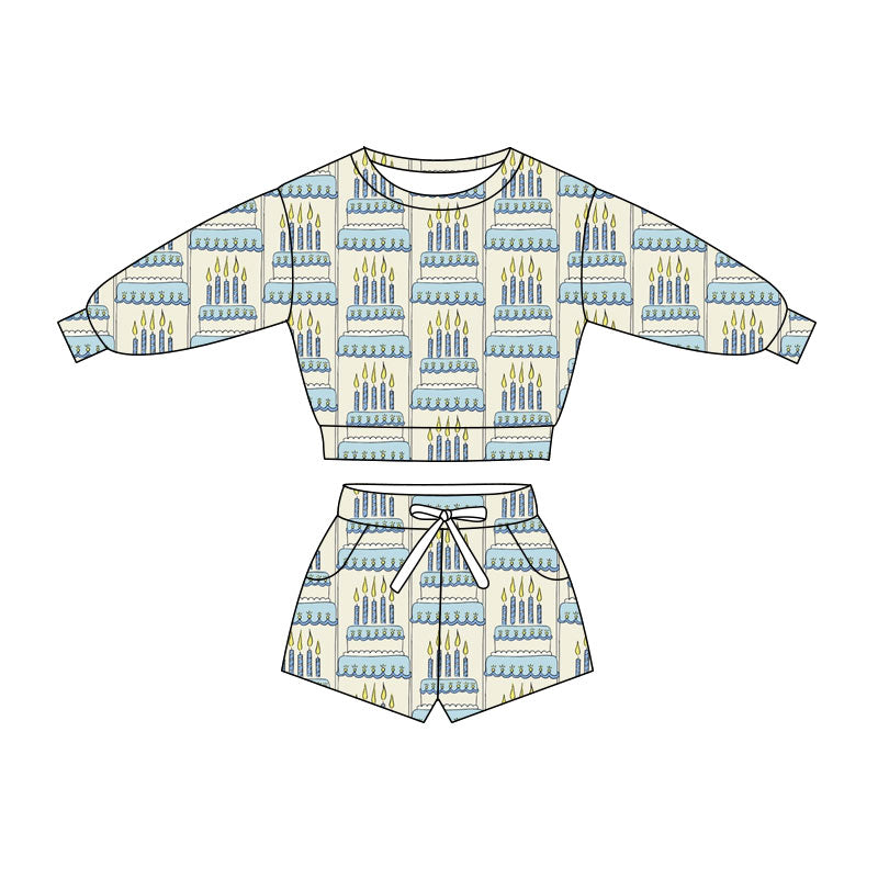 Preorder(moq 5) Baby Boys Blue Happy Birthday Day Cakes Long Sleeve Pockets Shorts Clothes Sets