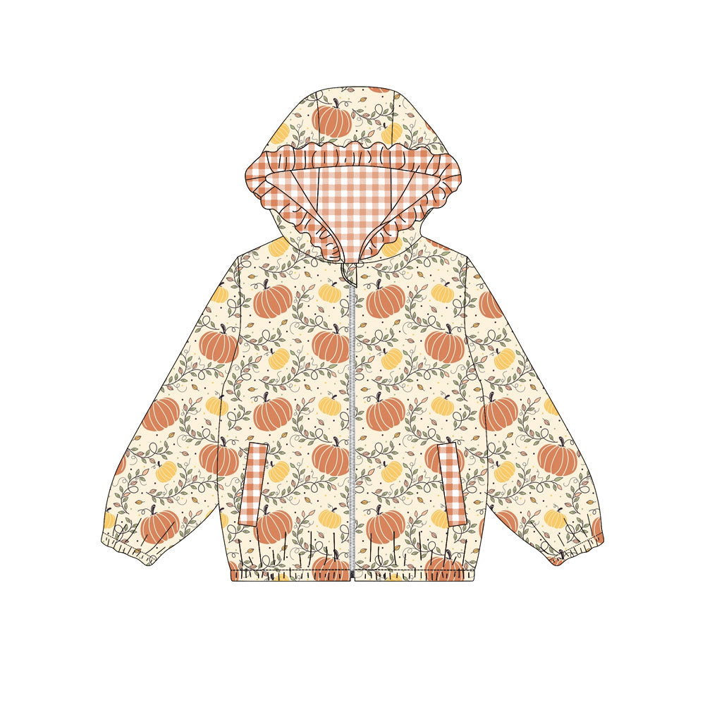 Preorder (moq 5)Baby Girls Long Sleeve Flowers Pumpkins Fall Pockets Zip Hoodies Top