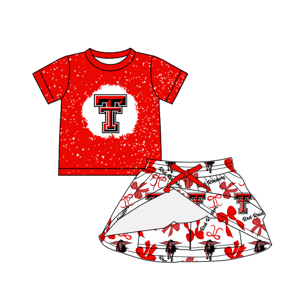 Preorder (moq 5)Baby Girls Red Short Sleeves TT Top Bows Plaid Skorts Team Set