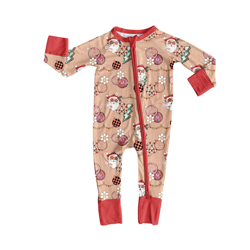 Preorder (moq 20)Baby Girls Bamboo Santa Flowers Lights Christmas Zippy Footie Rompers