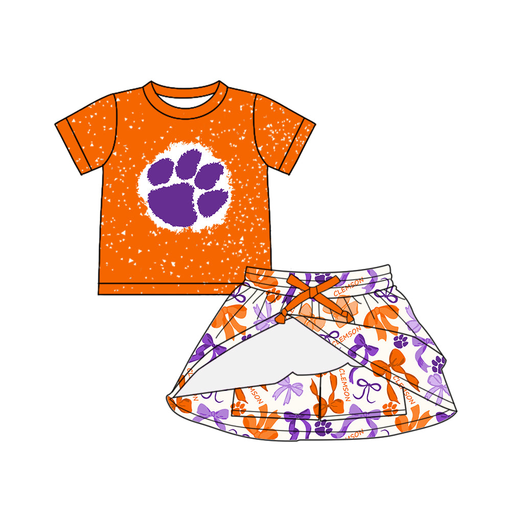 Preorder (moq 5)Baby Girls Orange Short Sleeves Purple Pawl Top Bows Plaid Skorts Team Set