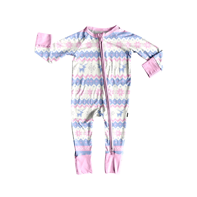 Preorder (moq 5)Baby Girls Long Sleeves Lavender Deer Snowflake Zipper Rompers