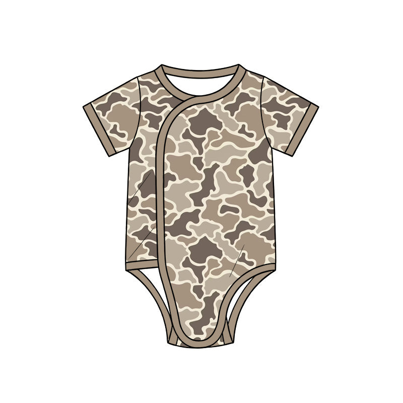 Preorder (moq 5) Baby Boy Clothes Taupe Beige Classic Camo Print Short Sleeve Side Snap Romper