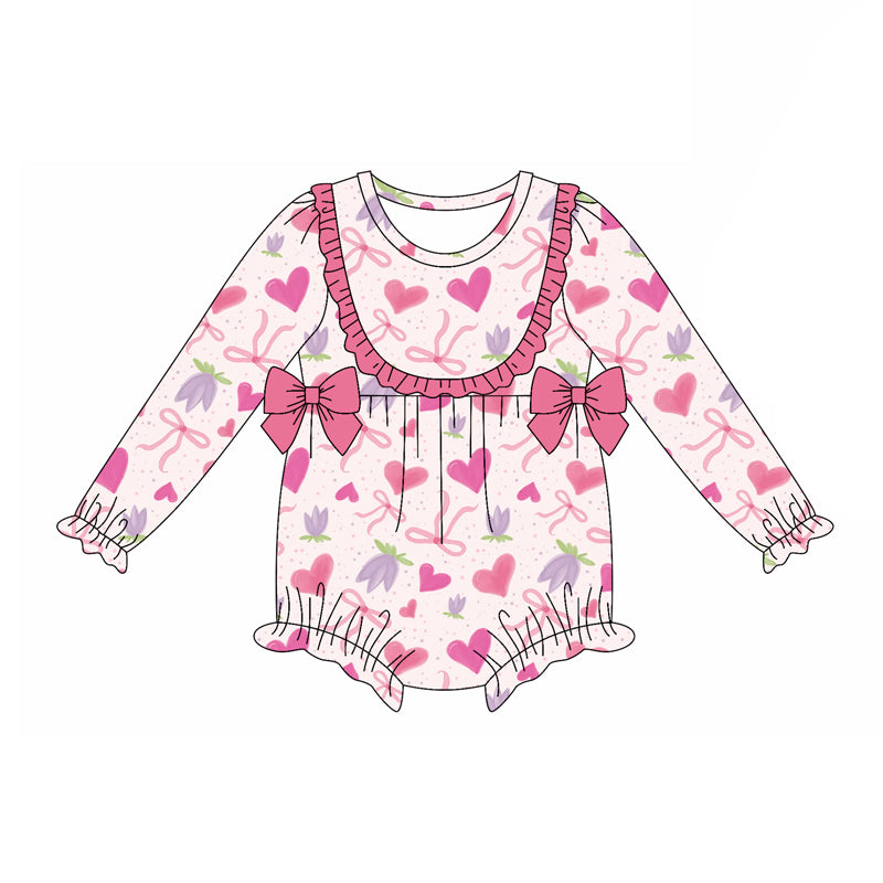 Preorder(moq 5)Baby Girls Pink Hearts Bows Flowers Ruffle Rompers