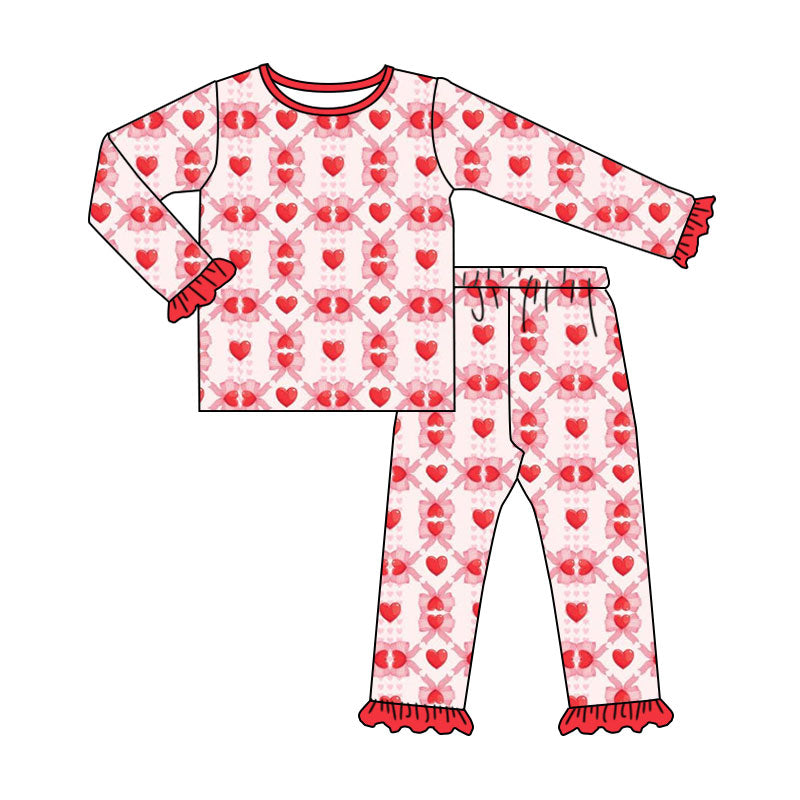 Preorder (moq 5) Baby Girl Clothes Red Bow Heart Lattice Mixed Print Long Sleeve Ruffle Pajama Set