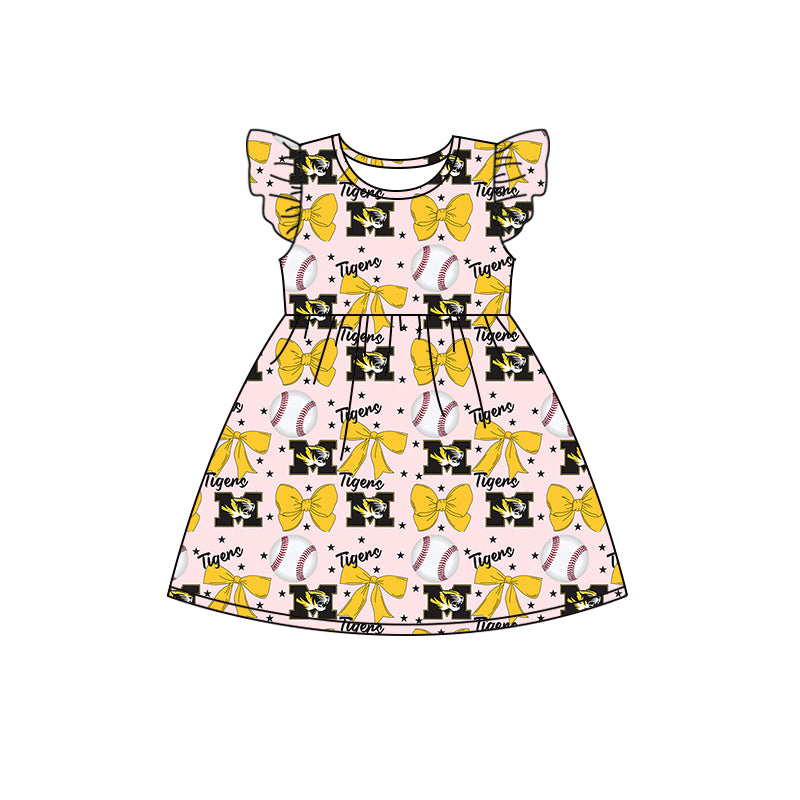 Preorder (moq 5)Baby Girls Flutter Sleeves Baseballs Bows M Tiger Team Knee Length Dresses