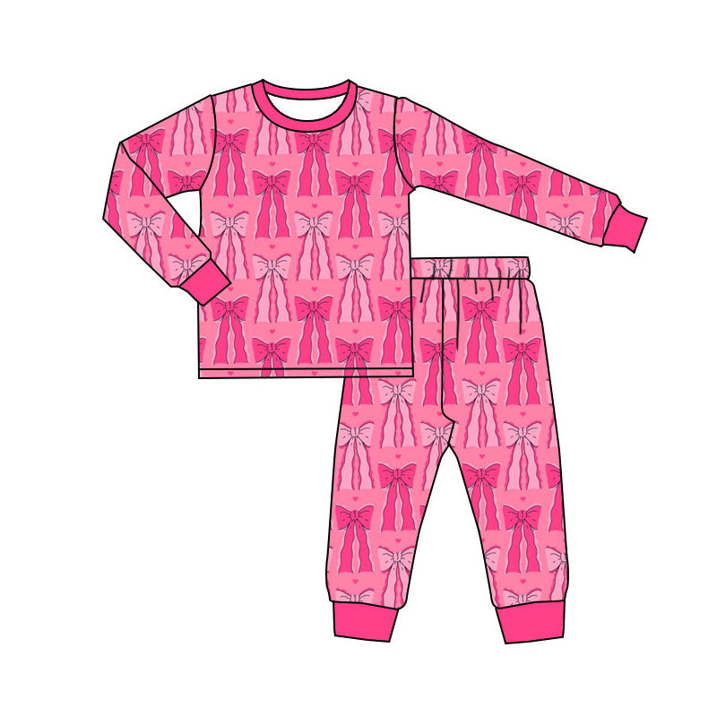 Preorder(moq 5) Baby Girls Hot Pink Bows Hearts Top Pants Valentine Pajamas Sets