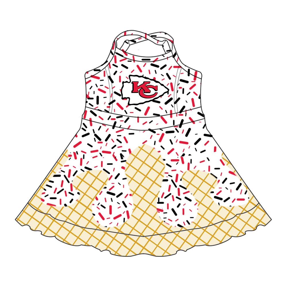 Preorder (moq 5)Baby Girls Strap Drip Red KC Shorts Ruffle Team Knee Length Dresses