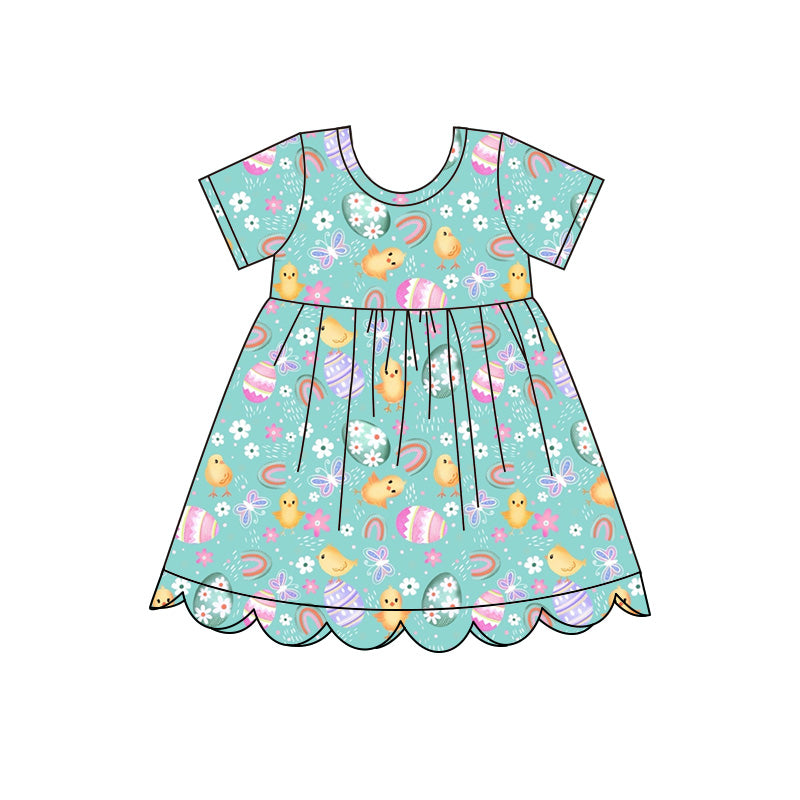 Preorder moq 5 Girls’ Spring Easter Olive Green & Soft Yellow Chick and White Floral Print Short Sleeve Dress