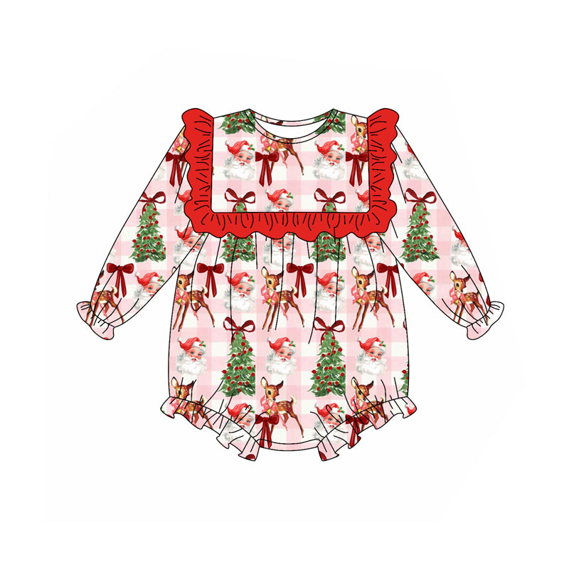 Preorder (moq 5)Baby Girls Red Plaid Long Ruffle Sleeves Santa Trees Deer Rompers