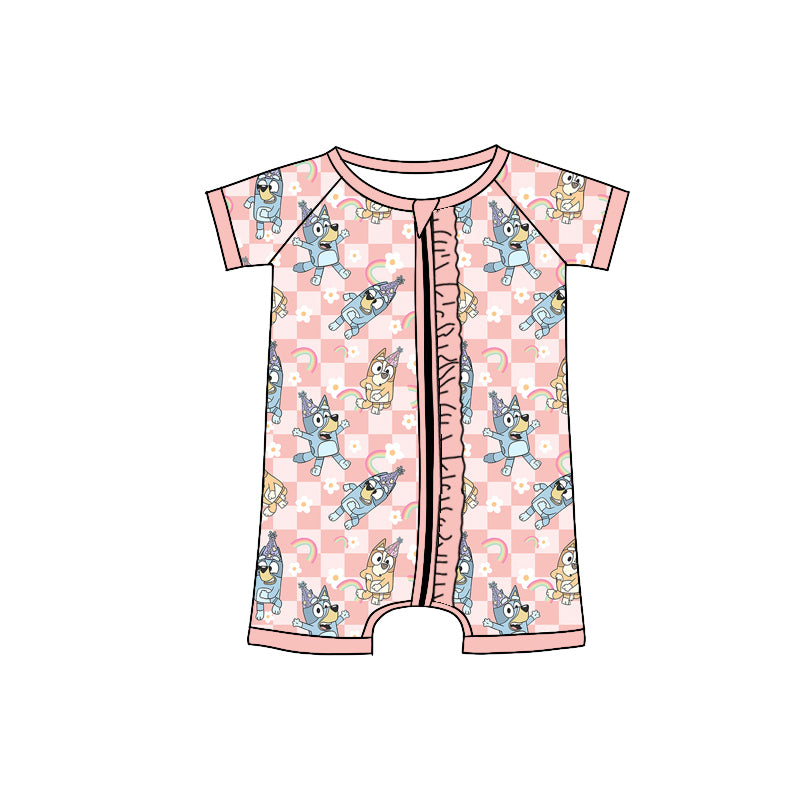 Preorder(moq 5)Baby Infant Girls Pink Dogs Birthday Zip Rompers