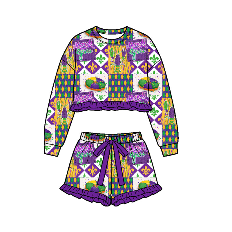 Preorder (moq 5) Girls Carnival Purple Iris With Bow, Mask Print Ruffle 2-Piece Set, Long-Sleeve Sweatshirt & Skirt