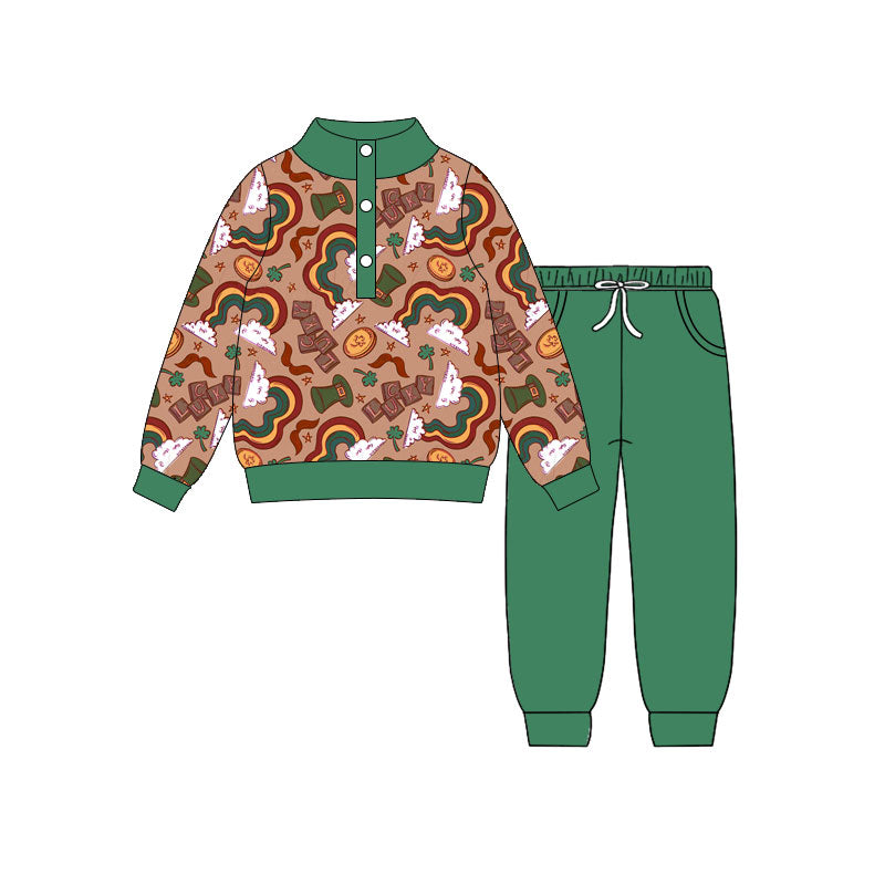 Preorder(moq 5) Baby Boys Clovers Hats Button Top Pockets Jogger St Patrick Clothes Sets