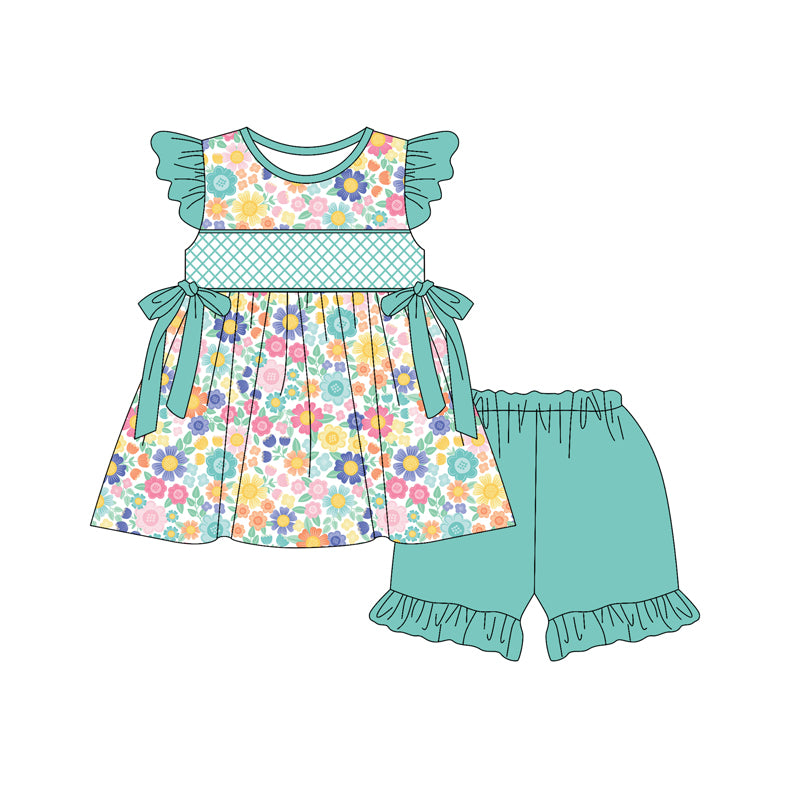 Preorder (moq 5)Baby Girls Green Flutter Sleeves Bows Colorful Floral Tunic Ruffle Short Set