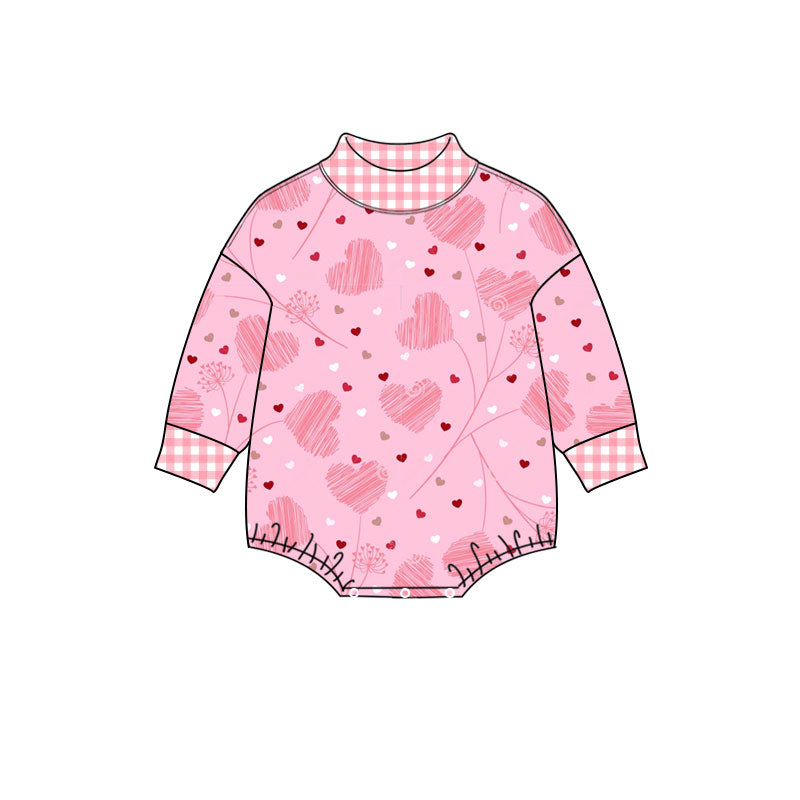 Preorder (moq 5) Baby Girl Clothes Burgundy Plaid Heart Bow Print Long Sleeve Mock Neck Bodysuit
