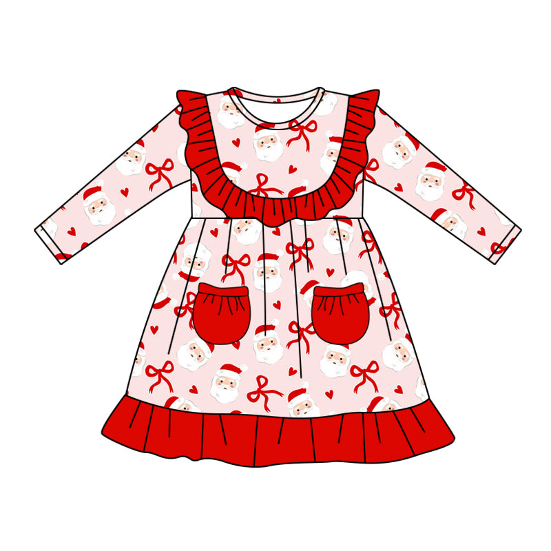 Preorder (moq 5)Baby Girls Red Long Sleeves Bows Santa Pockets Ruffle Knee Length Dresses