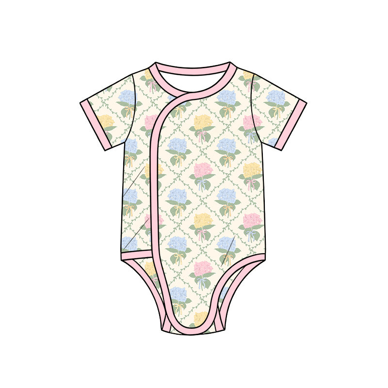 Preorder (moq 5) Baby Girl Clothes Multi Hydrangea Bow Lattice Mixed Print Short Sleeve Side Snap Baby Bodysuit