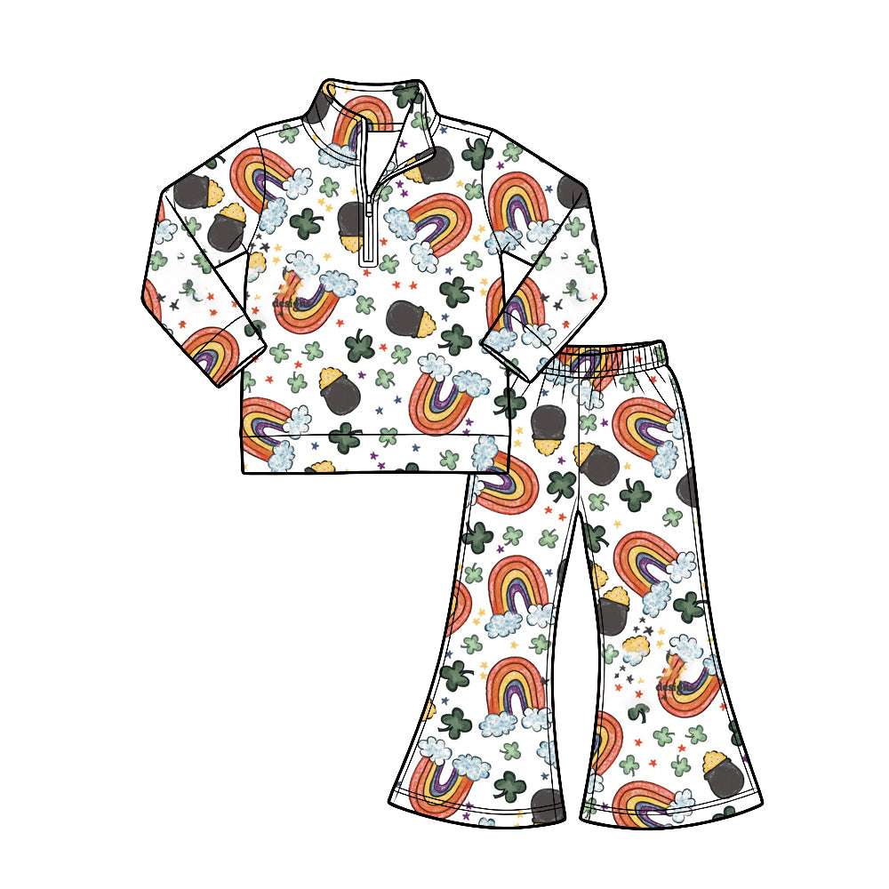 Preorder (moq 5) Baby Girl Clothes St Patrick’s Day Retro Rainbow Pot of Gold Print Long‑sleeve Quarter Zip Top Flare Pants Set