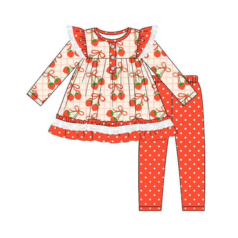 Preorder (moq 5)Baby Girls Red Plaid Bows Strawberry Tunic Polka Dots Legging Pant Set