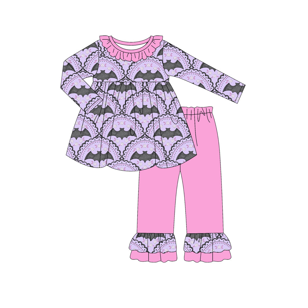 Preorder (moq 5)Baby Girls Long Sleeves Lavender Turquoises Bats Plaid Tunic Ruffle Pant Sets