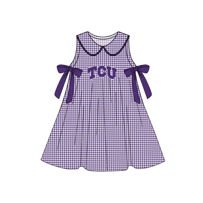 Preorder (moq 5)Baby Girls Purple Plaid Sleeveless Bows TCU Team Knee Length Dresses