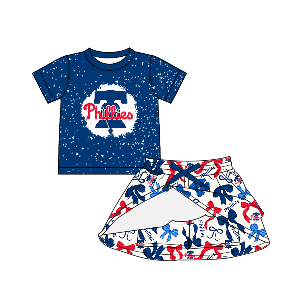 Preorder (moq 5)Baby Girls Blue Short Sleeves Phillies Top Bows Plaid Skorts Team Set