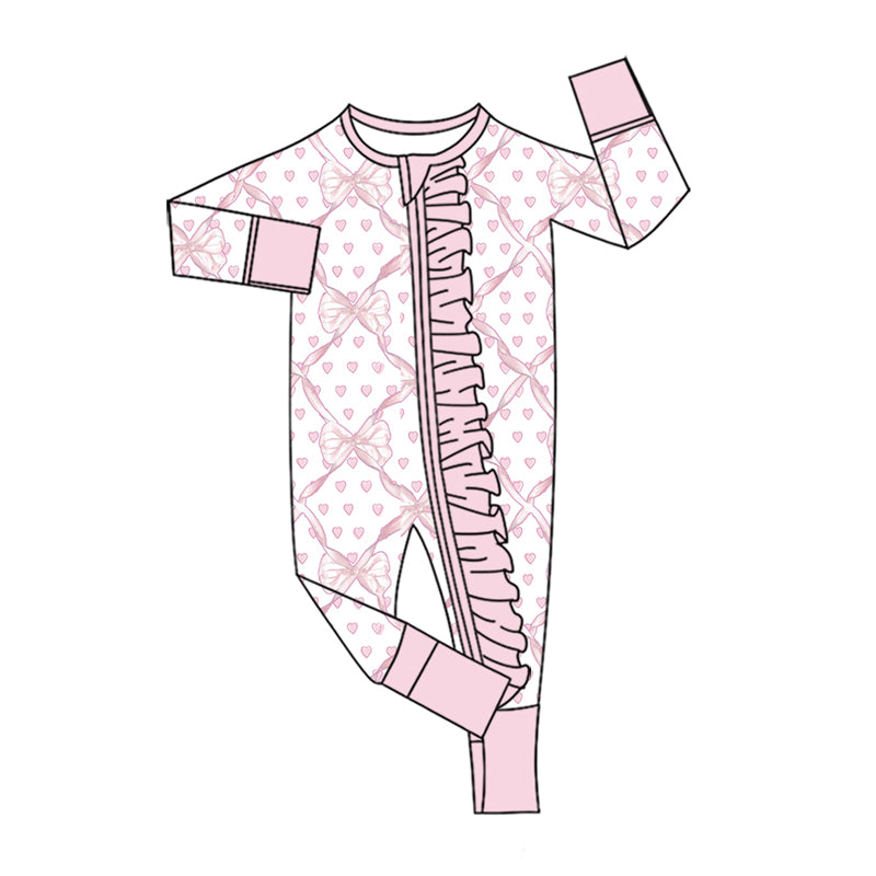 Preorder (moq 5) Baby Girls Pink Bows Hearts Valentines Two Way Ruffle Zip Convertible Rompers