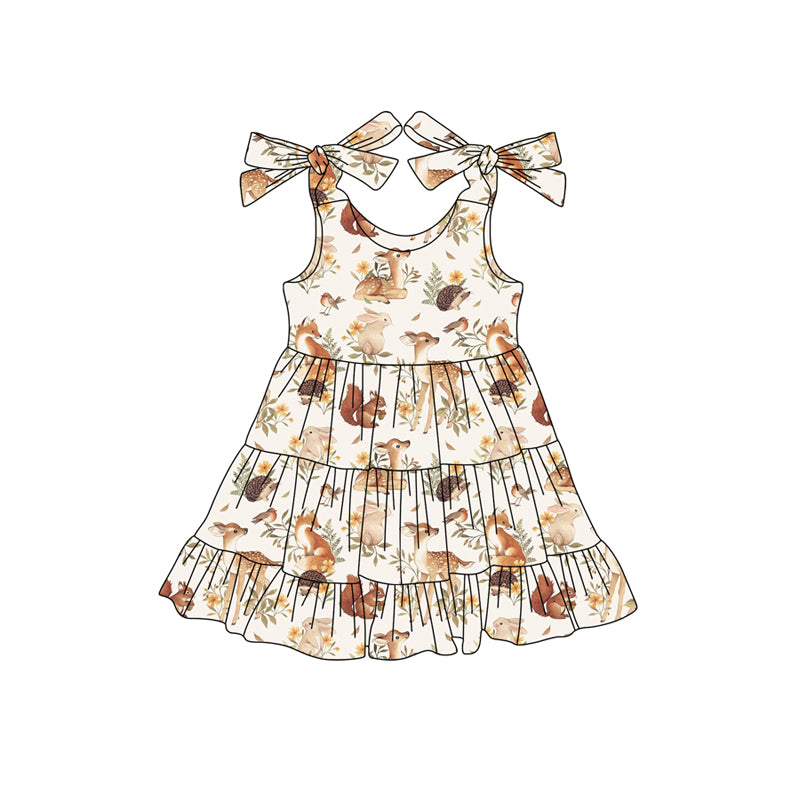 Preorder (moq 5)Baby Girls Strap Deer Rabbits Floral Knee Length Dresses