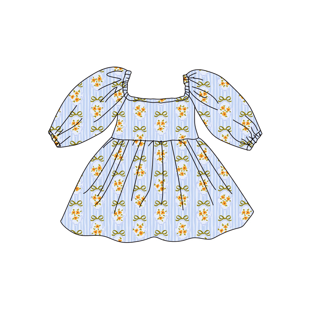Preorder (moq 5)Baby Girls Long Sleeve Blue Stripe Bows Flowers Knee Length Dresses