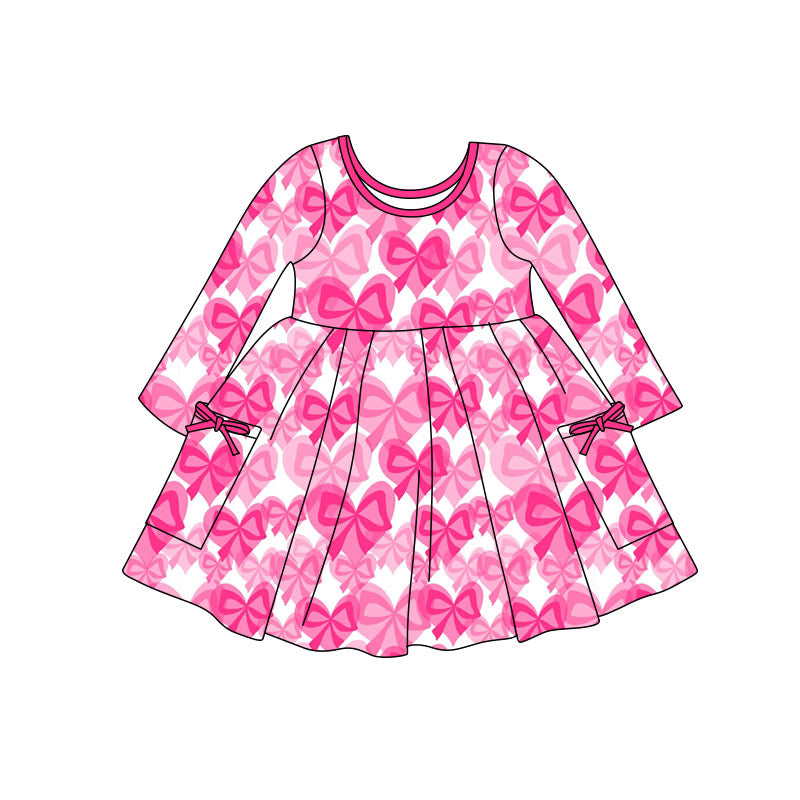 Preorder(moq 5) Baby Girls Pink Bows Plaid Pockets Valentine Knee Length Dresses