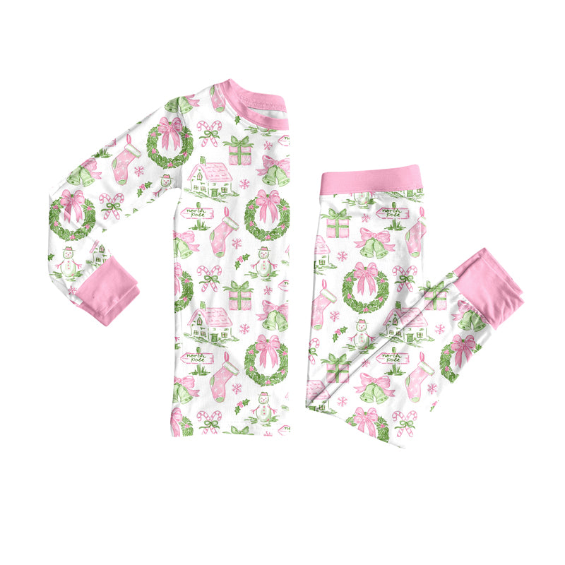 Preorder (moq 5)Baby Girls Long Sleeves Holly Bows Snowman Plaid Top Pants Pajamas Set