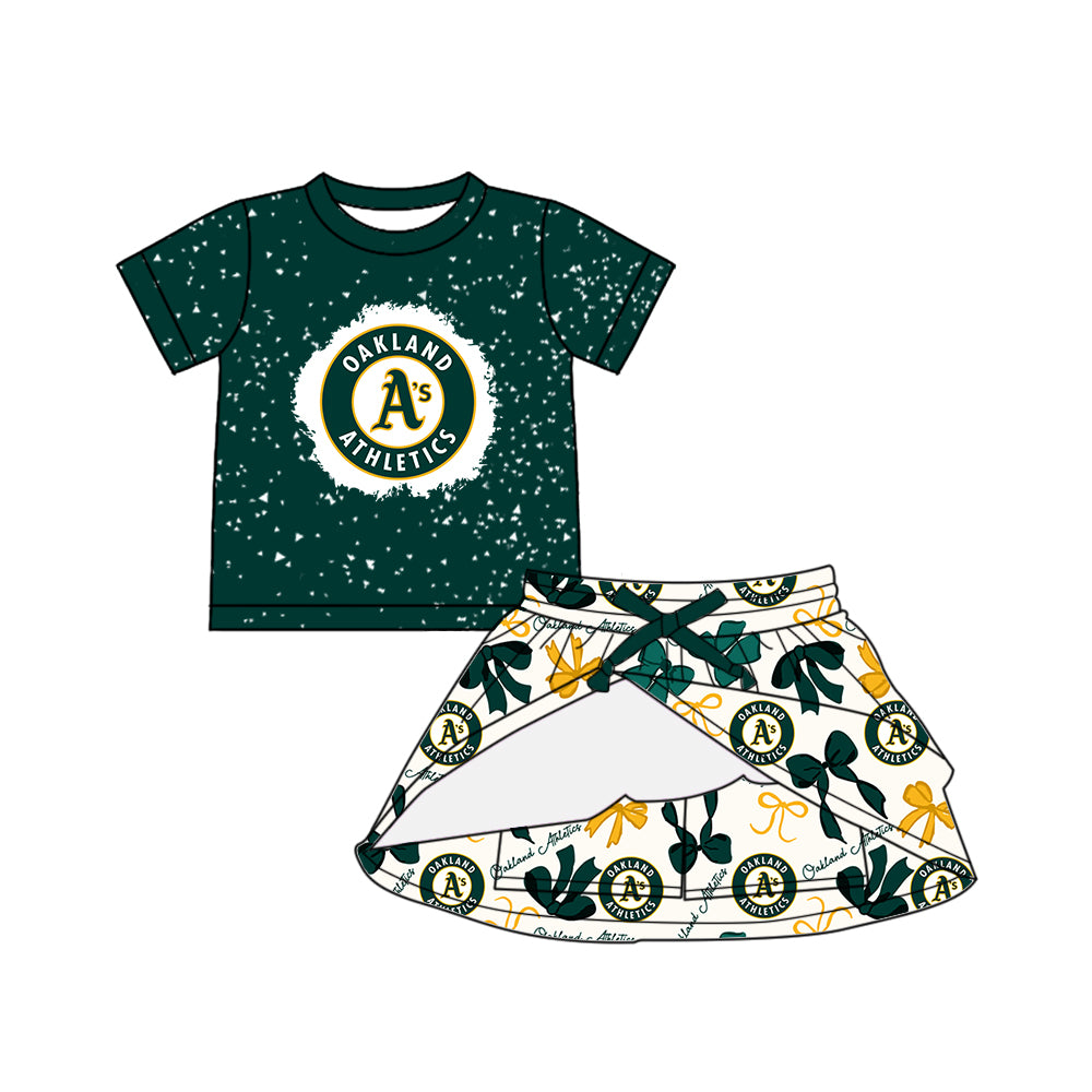 Preorder (moq 5)Baby Girls Green Short Sleeves A'S Top Bows Plaid Skort Team Set