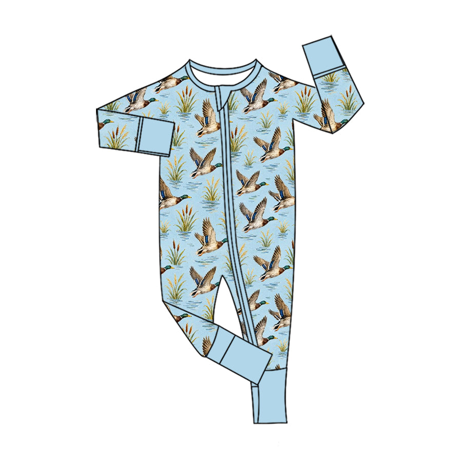 Preorder (moq 5) Baby Boy Clothes Sky Blue Mallard Duck Pond Allover Print Long Sleeve Zip Romper Jumpsuit