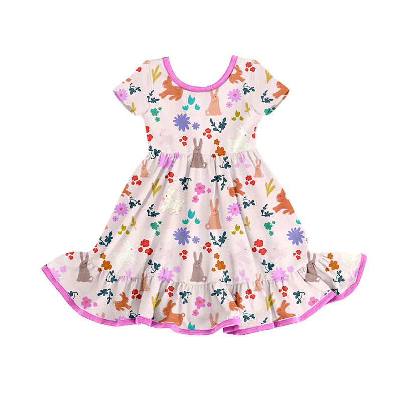 Preorder(moq 8)Baby Girls Pink Flowers Rabbits Ruffle Easter Knee Length Dresses