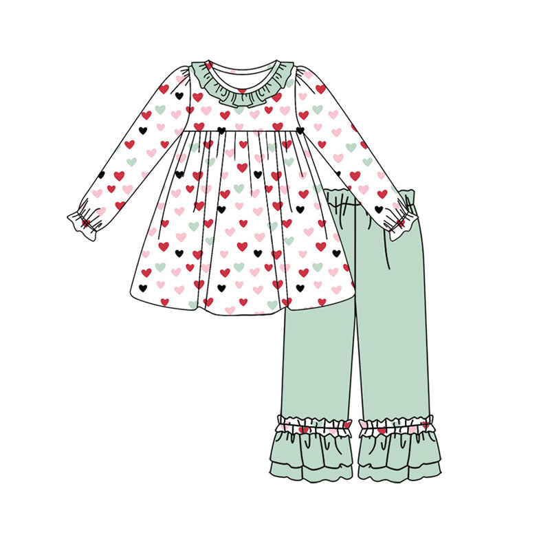 Preorder (moq 5)Baby Girls Long Sleeve Colorful Hearts Tunic Ruffle Pants Valentine Clothes Sets