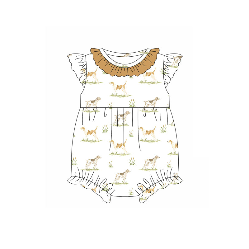 Preorder (moq 5)Baby Girls Khaki Flutter Sleeves Dogs Ruffle Rompers