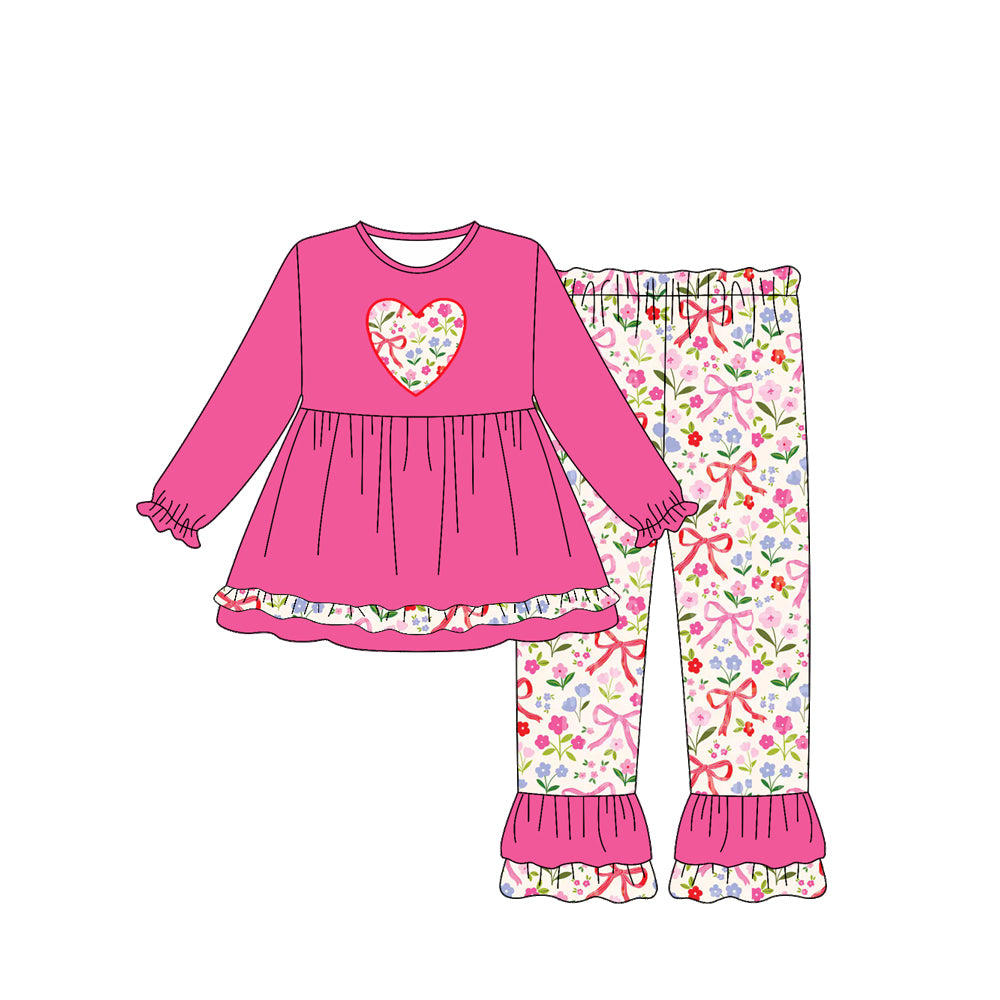 Preorder (moq 5)Baby Girls Hot Pink Long Ruffle Sleeves Flowers Bows Hearts Tunic Pants Set