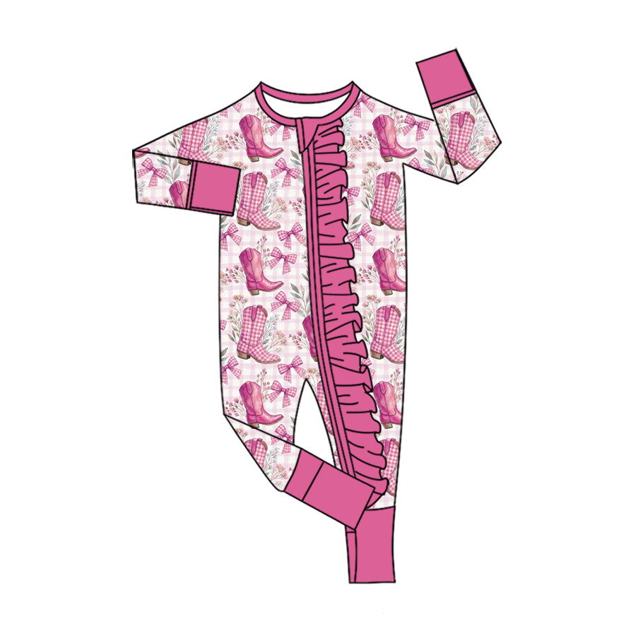 Preorder(moq5) Baby Girls Clothes High-Quality Western Cowboy Boots Print Cotton Ruffle Zipper Romper