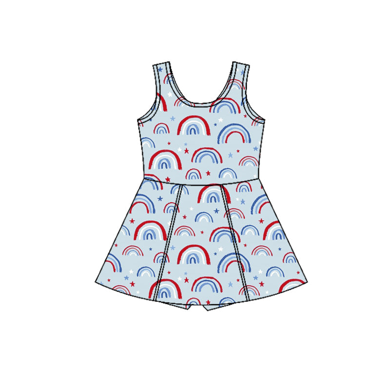 Preorder (moq 5)Baby Girls Blue Sleeveless Star Rainbows 4th of July Shorts Knee Length Dress