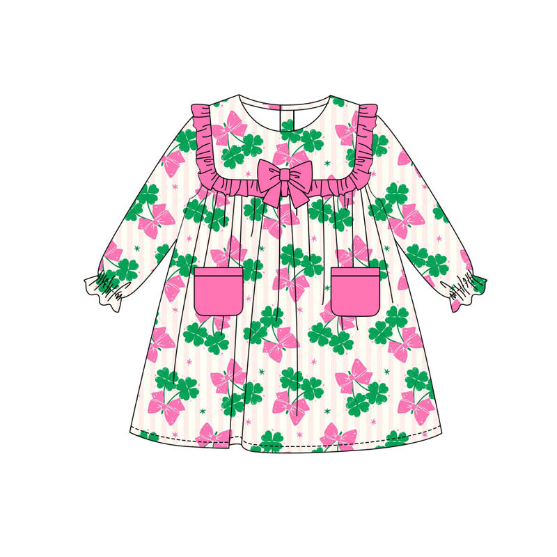 Preorder(moq 8)Baby Girls Pink Stripe Clovers Bows Pockets St Patrick Knee Length Dresses